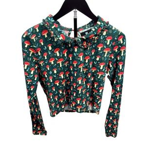 Standard Issue Mushroom Print Ruffle Collar Long Sleeve Top Green Red Small